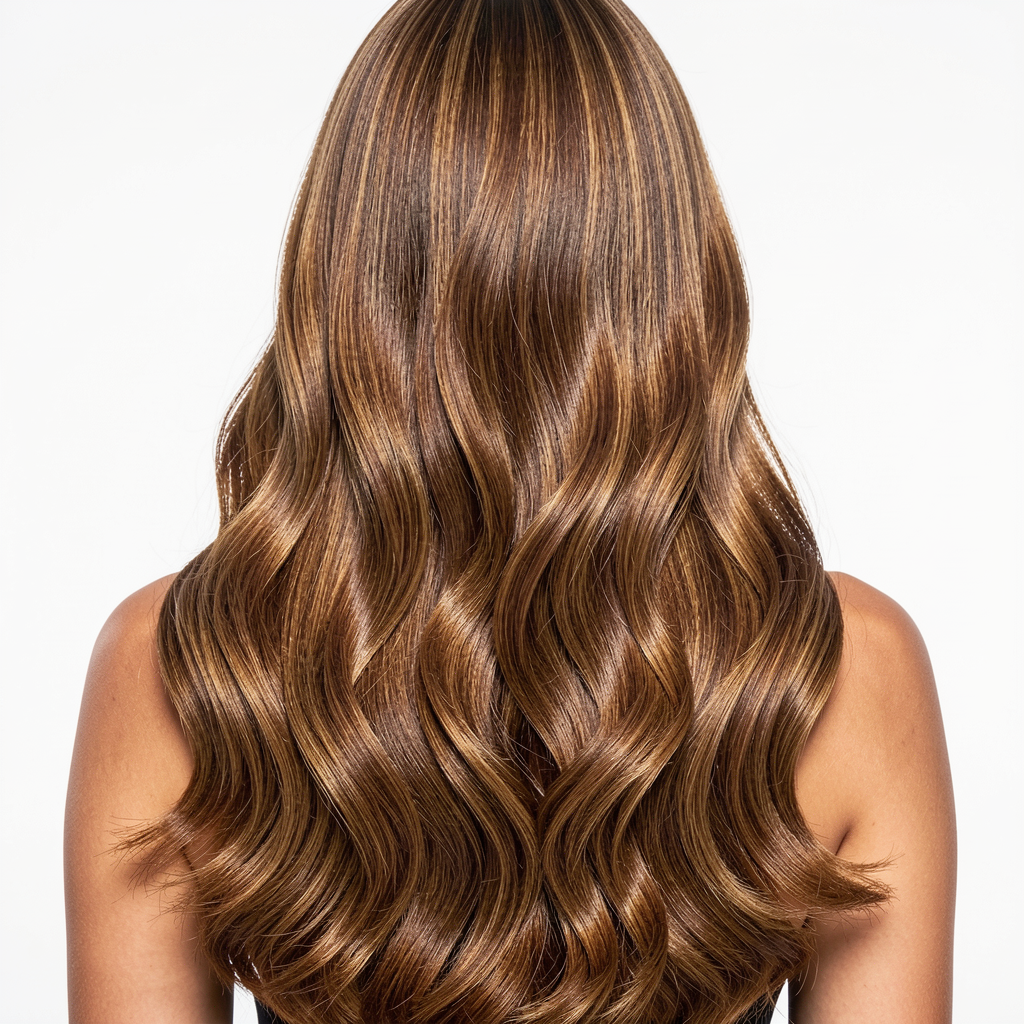 Back view of a person with long, wavy, light brown hair.
