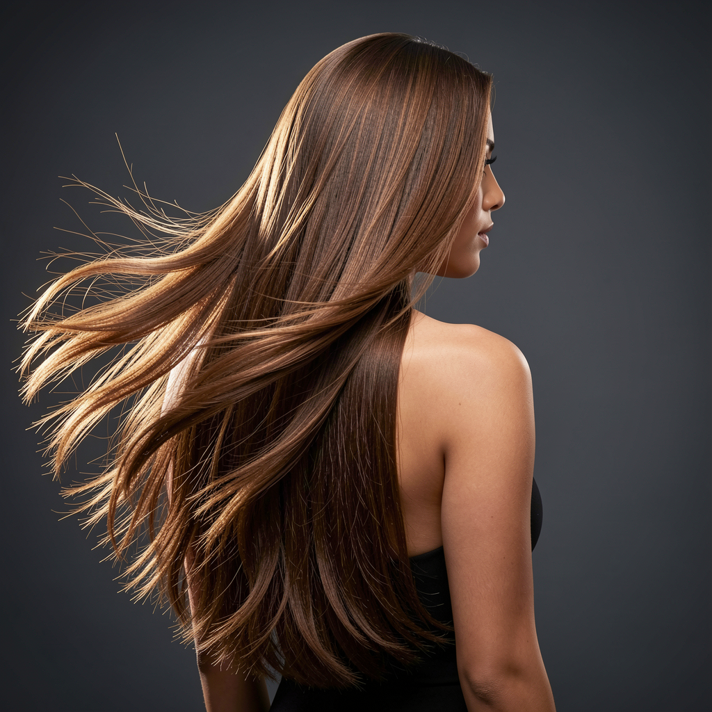 Side view of a woman with long, flowing, brown hair extensions