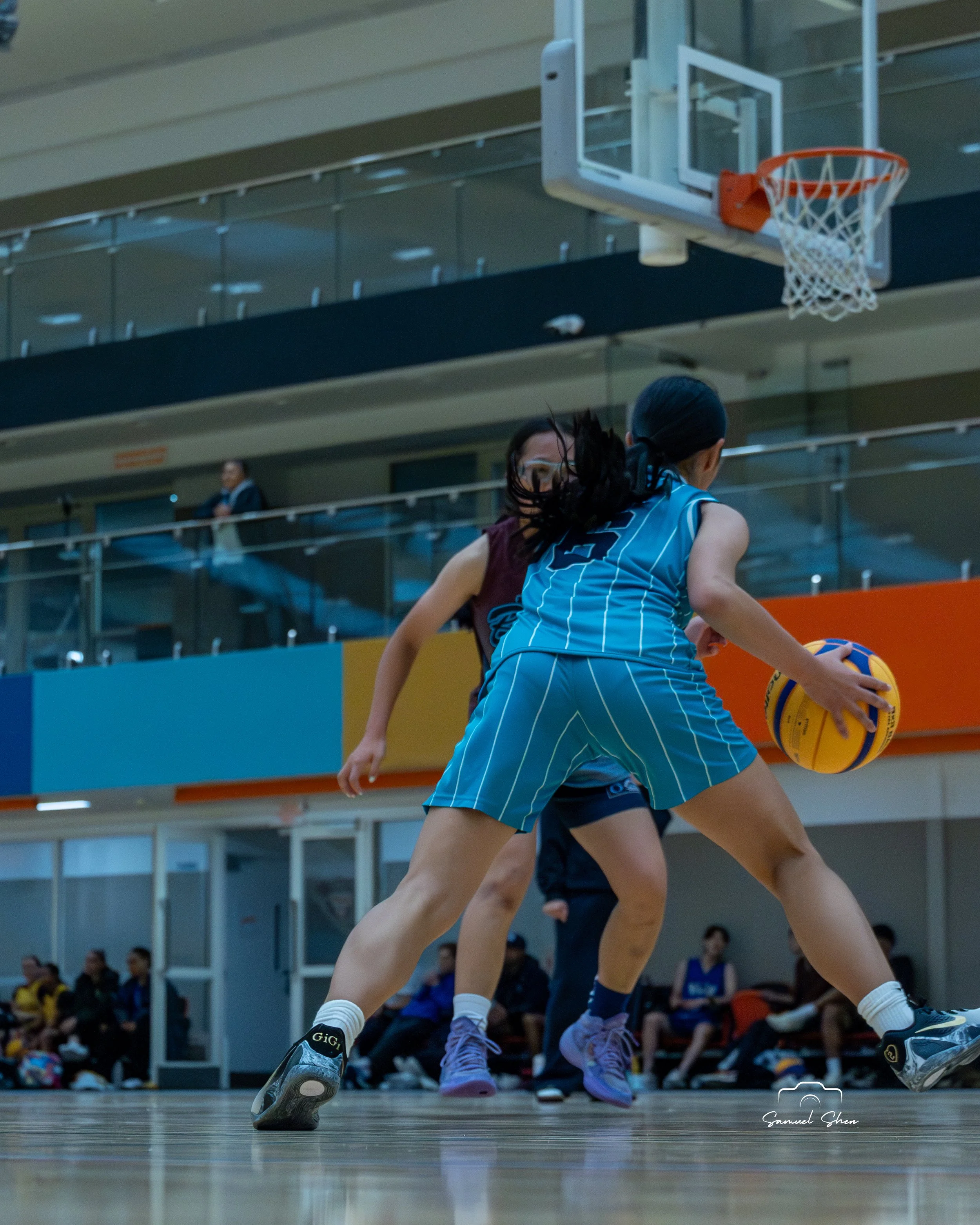 A women’s basketball game in a gymnasium, with players in blue jerseys actively competing. The focus is on a player in a blue jersey controlling the basketball, with her back to the camera. The gym has spectators and officials seated in the backgroun