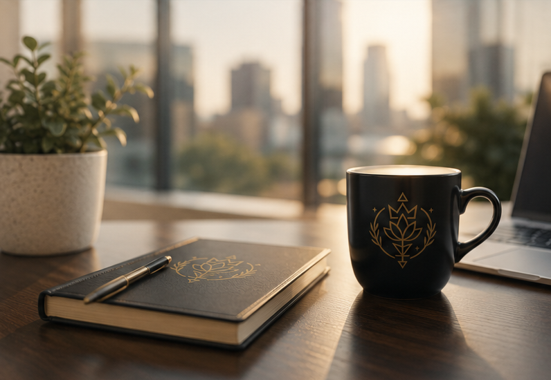 "Victory Crown Consulting" logo on items on a desk with a black coffee mug, a closed notebook with a pen on top, and a potted plant, set against a window overlooking a city skyline during sunset.