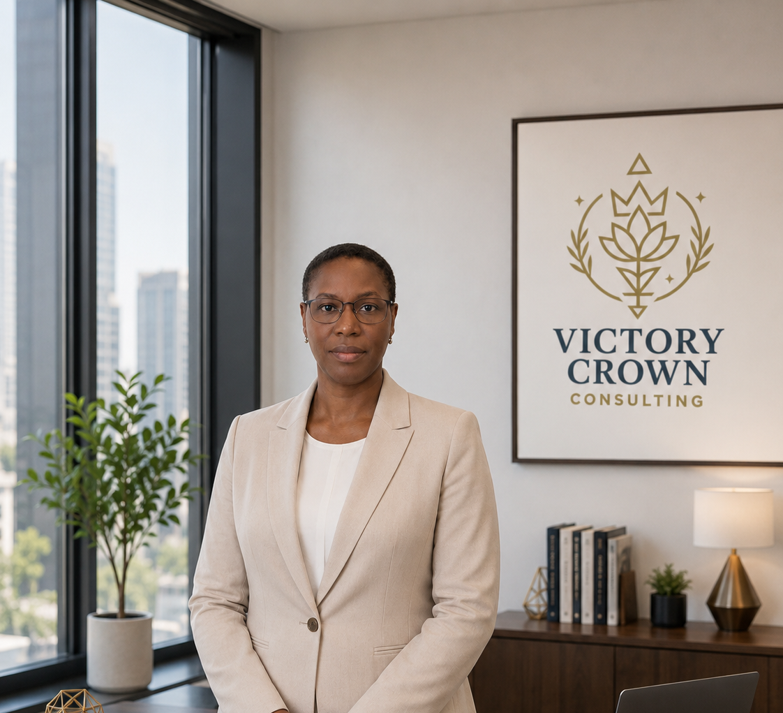 Founder of 'Victory Crown Consulting' with a crown and floral logo. Healthcare consulting strategy session for health system executives