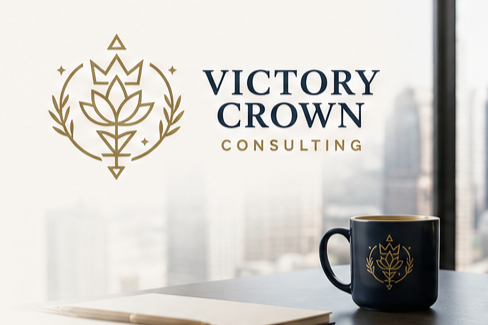 A corporate logo for Victory Crown Consulting with a gold crown and lotus design, placed on a desk next to a black mug with the same logo, against a window with city views.