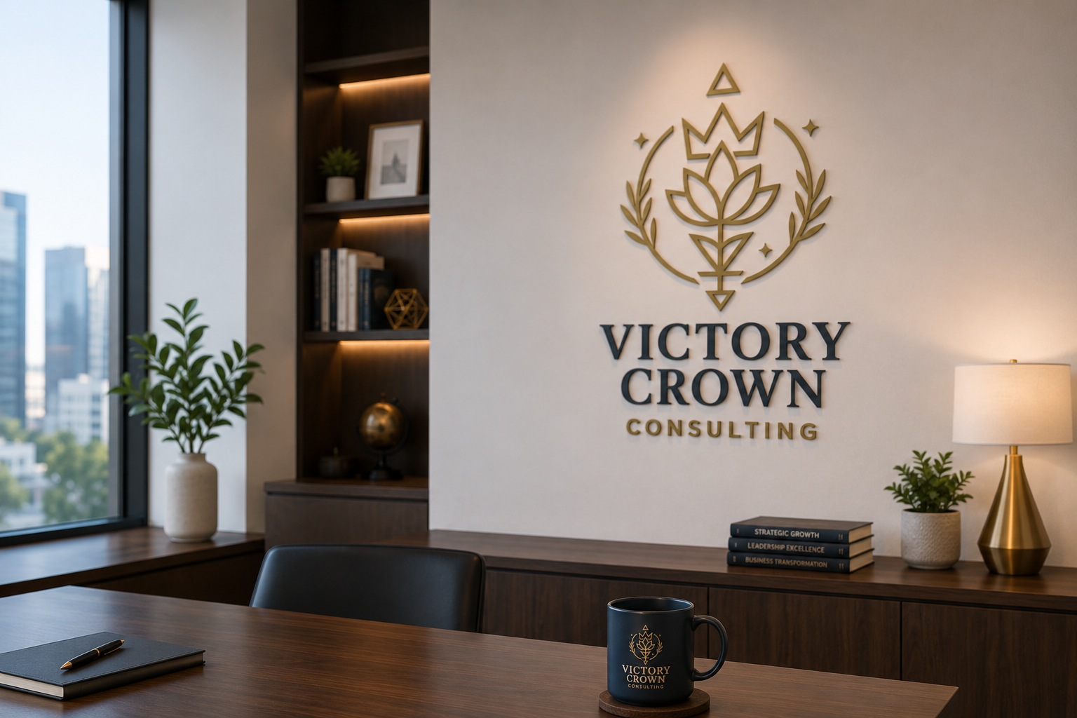 Office conference room with Victory Crown Consulting logo on the wall, books, plants, and decorative items on shelves, and a table with a notebook and a black mug with the company logo.