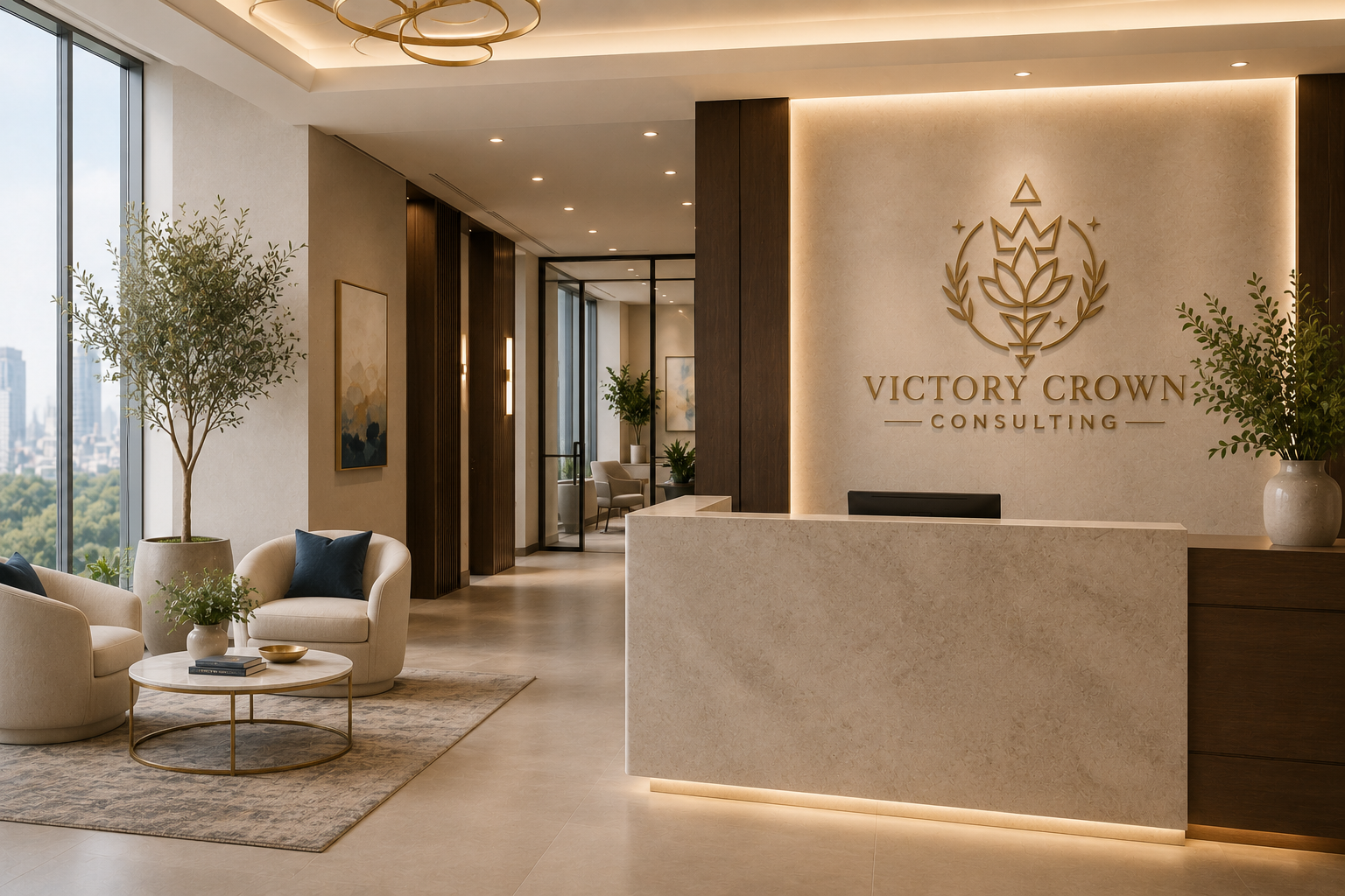 Welcoming reception area of Victory Crown Consulting serving behavioral health leaders and healthcare executives.