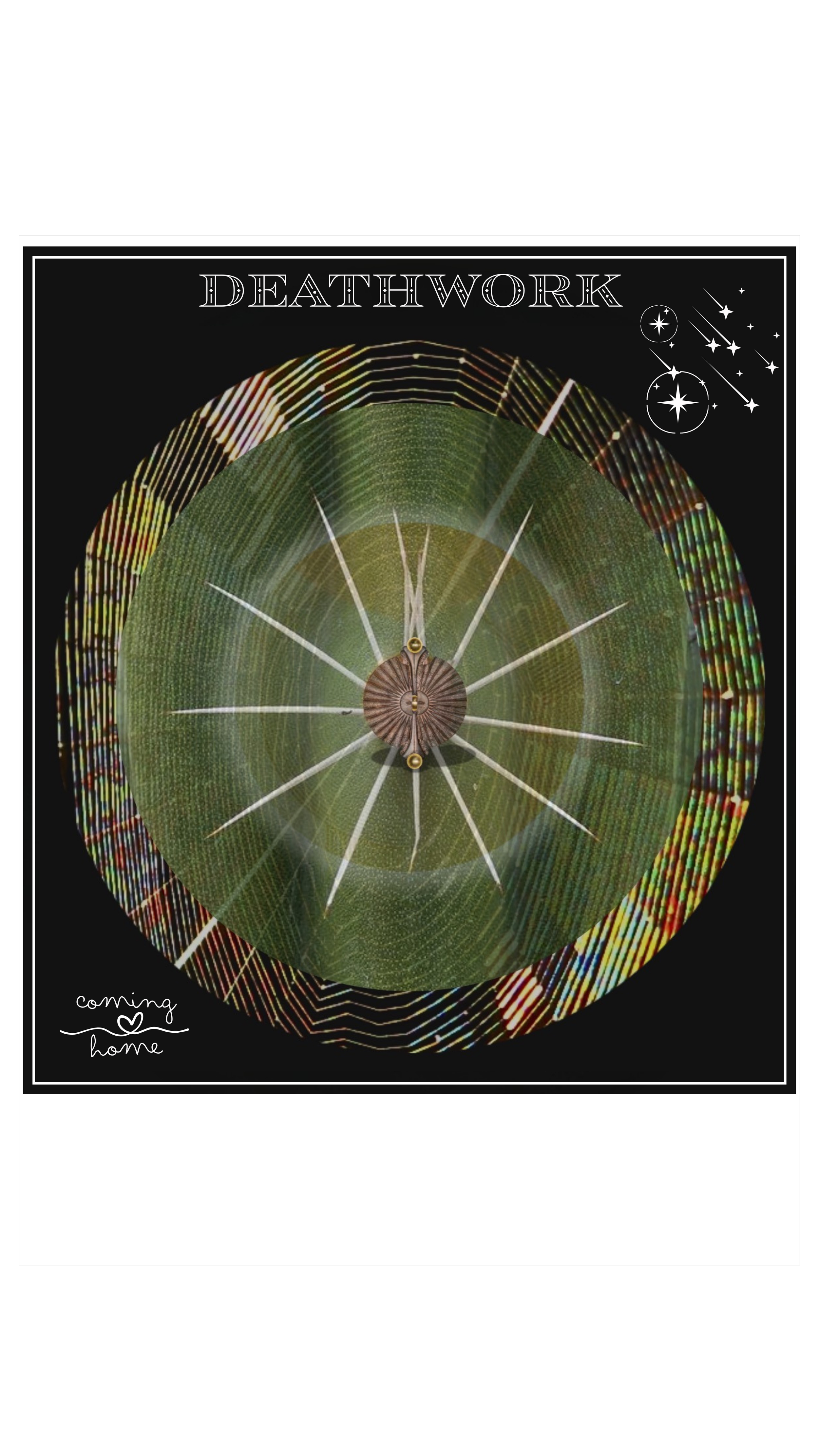 Circular mandala-like composition with Sun sculpture at its center, radiating lines over a green aerial landscape with colorful light refractions, titled Deathwork — Coming Home
