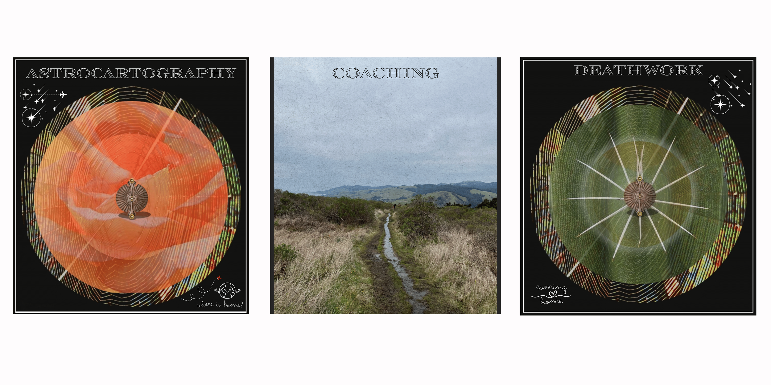 Orange Astrocartography mandala with sun sculpture in the middle, Coaching with dirt path and green rolling hills and misty skies, Deathwork green mandala with sun sculpture in the center