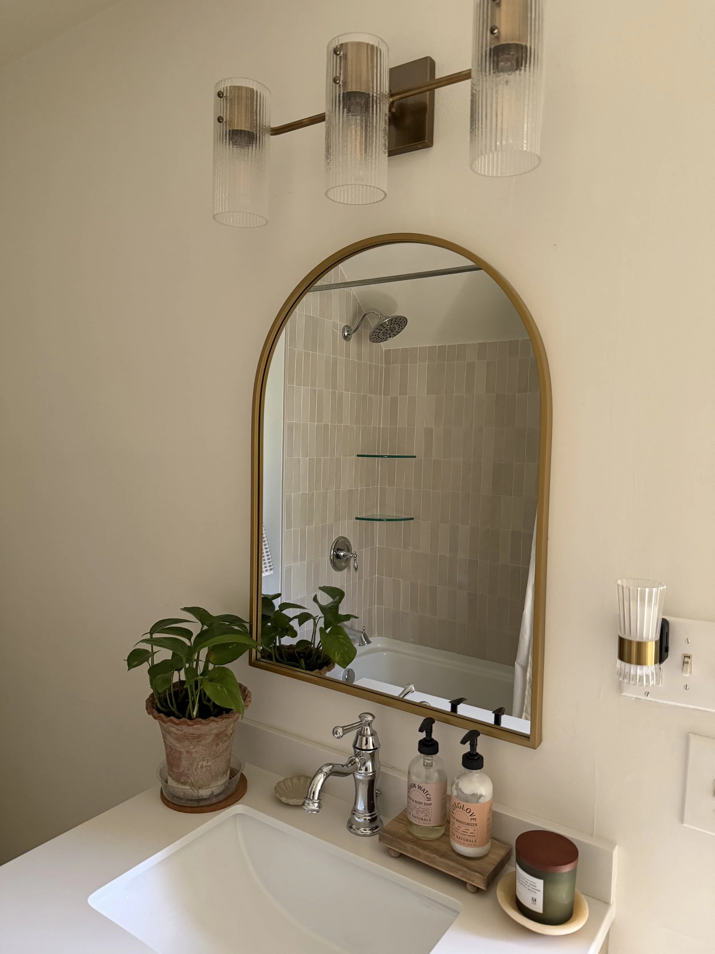 Bathroom vanity with a white countertop, potted plant, soap bottles, a mirror, and a shower visible in the reflection.