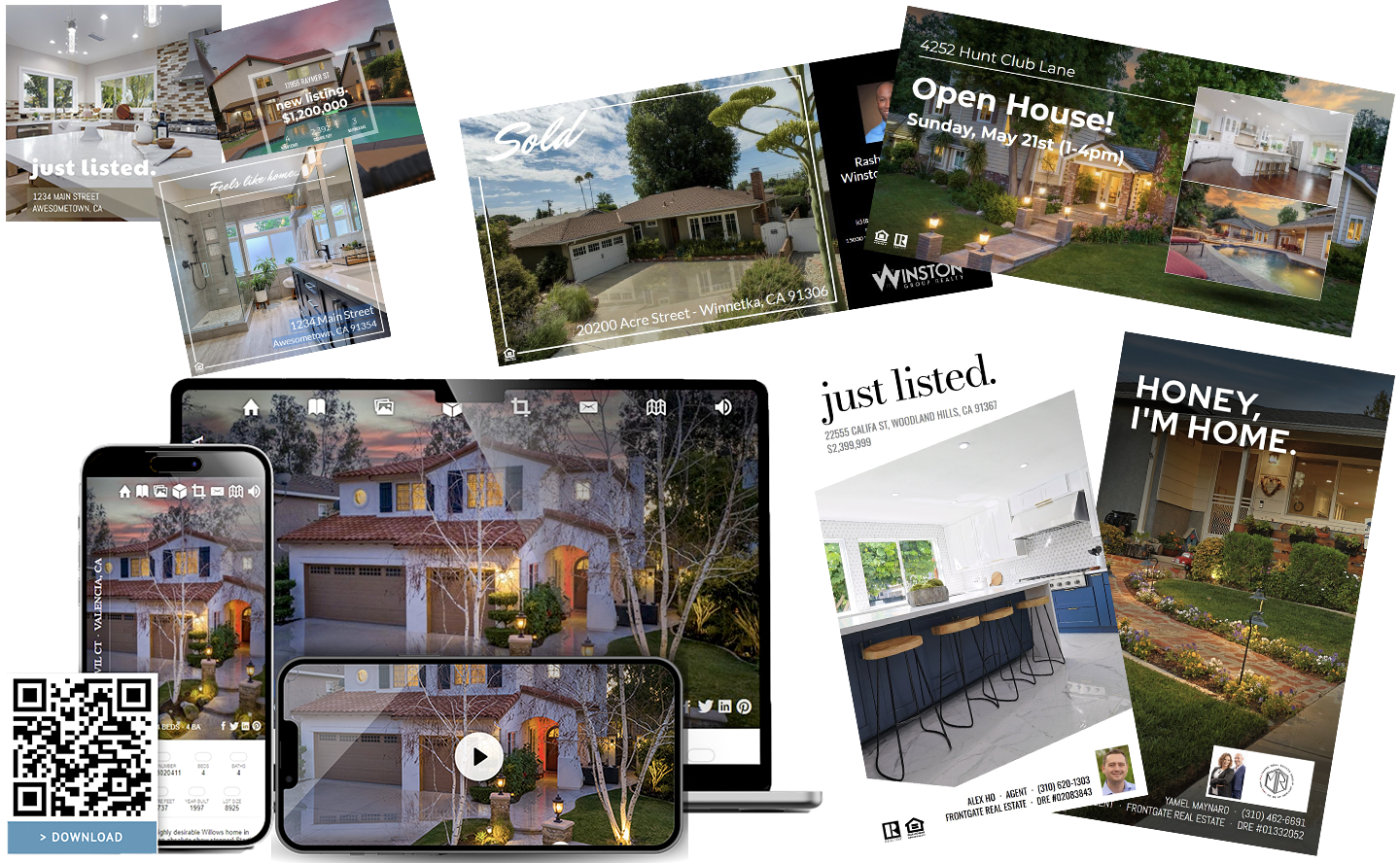 Various real estate flyers and listings displayed on mobile phones and a laptop, showing houses, interior rooms, gardens, and open house announcements.