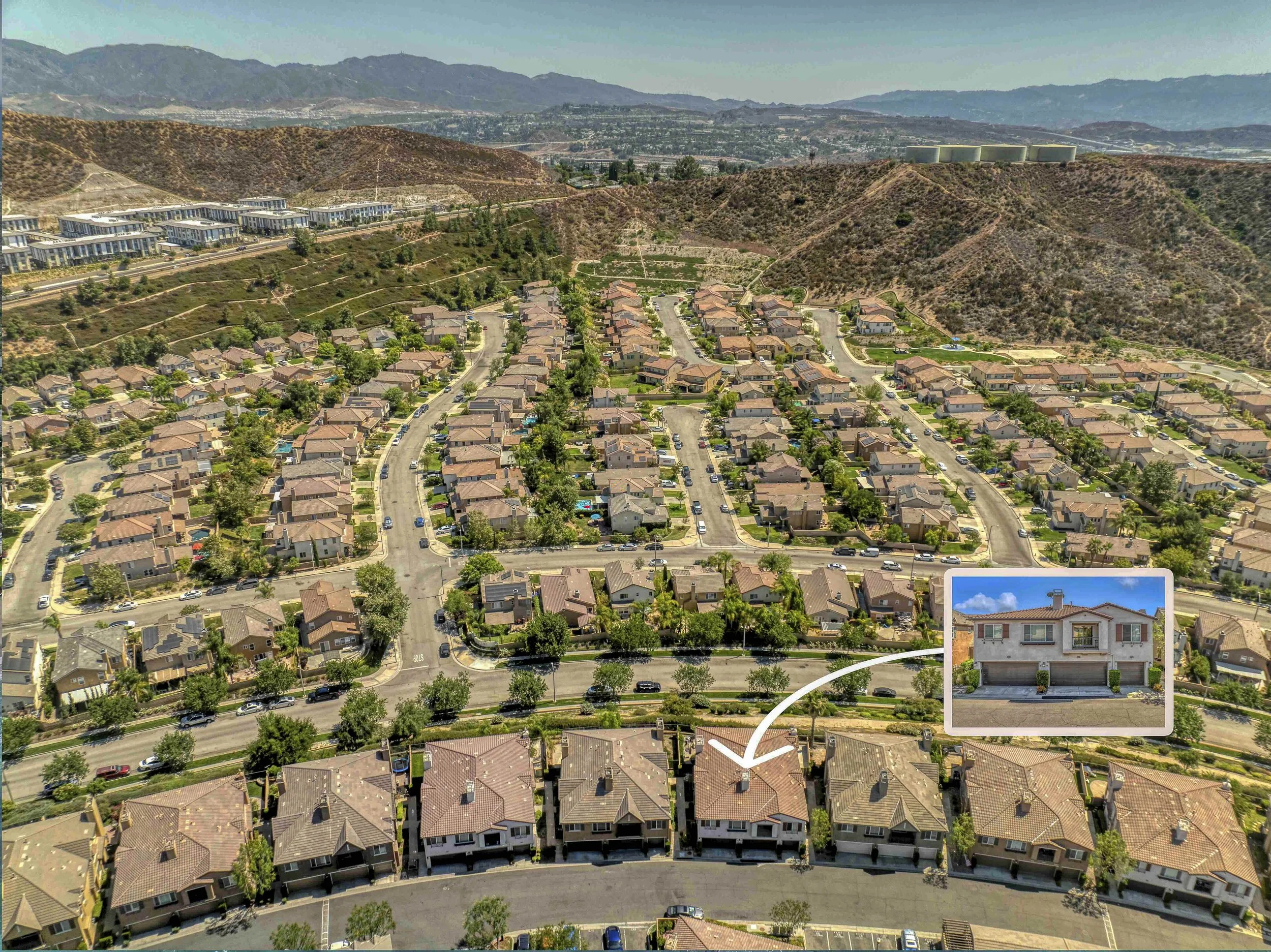Aerial drone real estate photography by Half Full Real Estate Photography — suburban neighborhood overview with hillside backdrop and inset property detail shot.