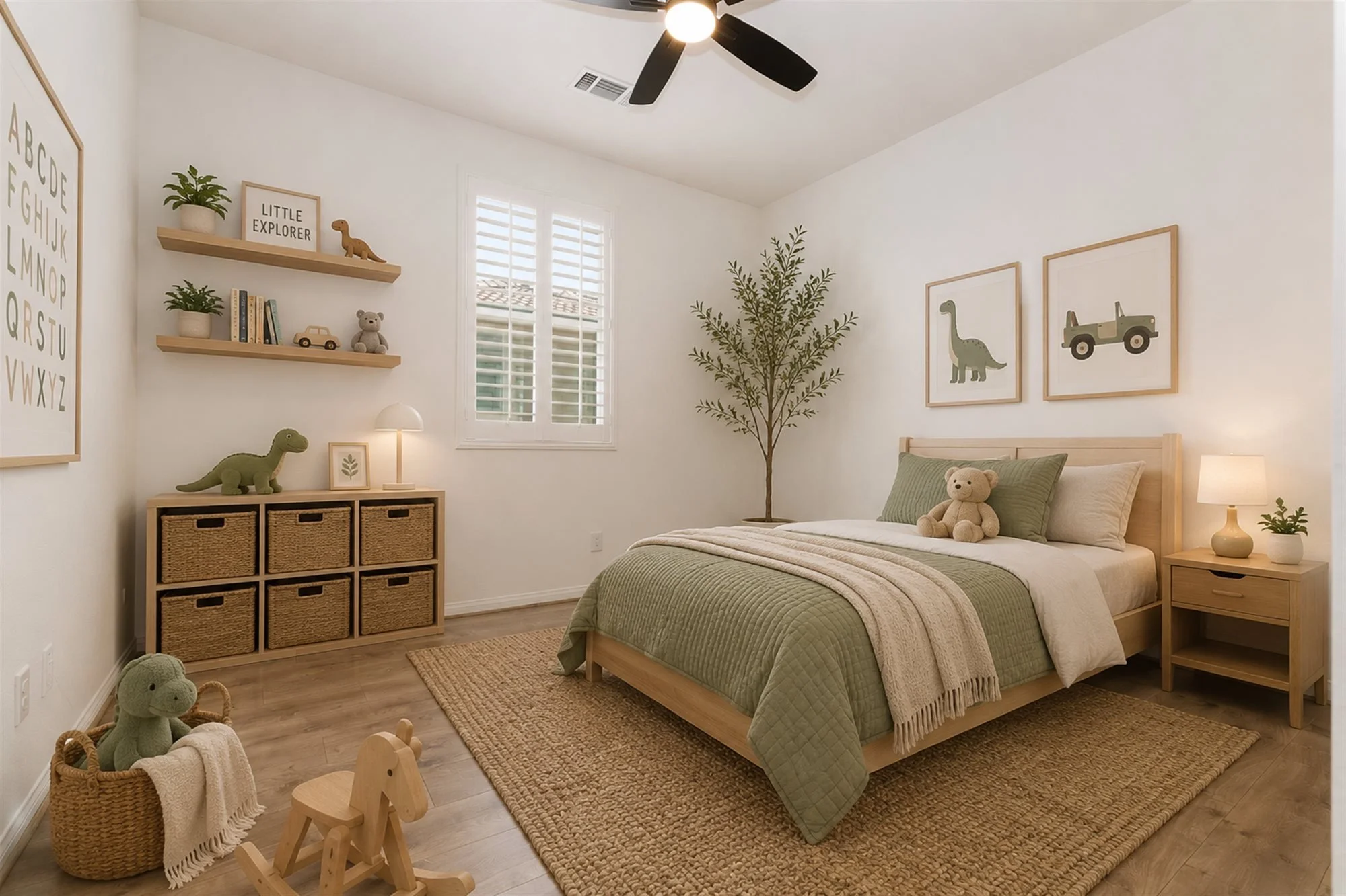 Professional real estate photo of a virtually staged kids bedroom with sage green bedding warm wood tones and dinosaur decor