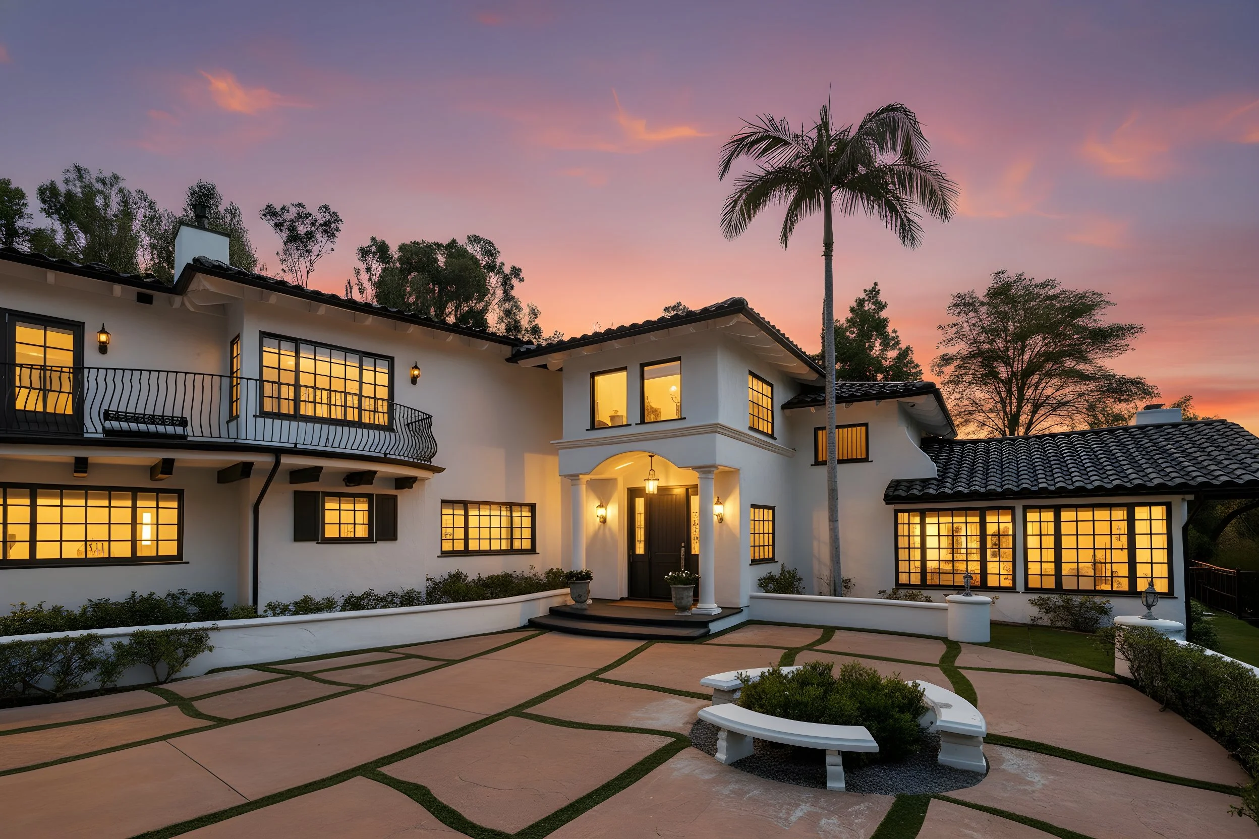 AI twilight real estate photography by Half Full Real Estate Photography — warm sunset exterior with glowing windows and landscaped front yard.