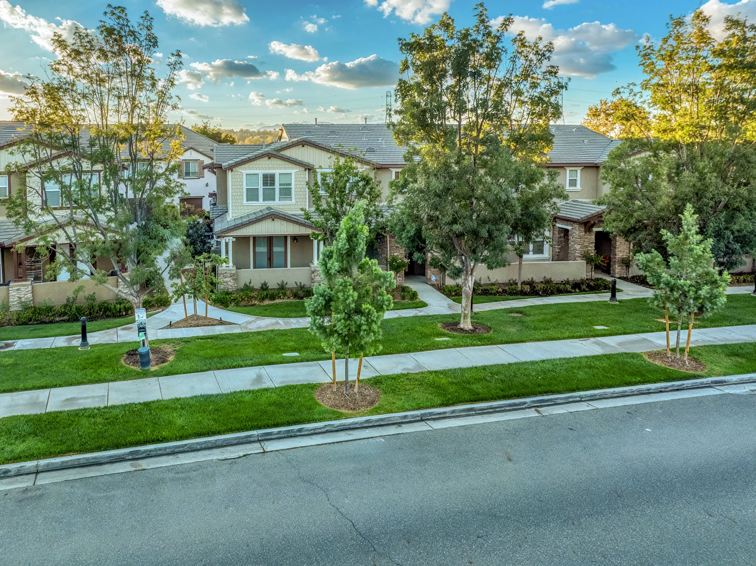 Professional real estate photo of Valencia townhomes with gray tile roofs, stone accents, leafy trees, and landscaped walkways.