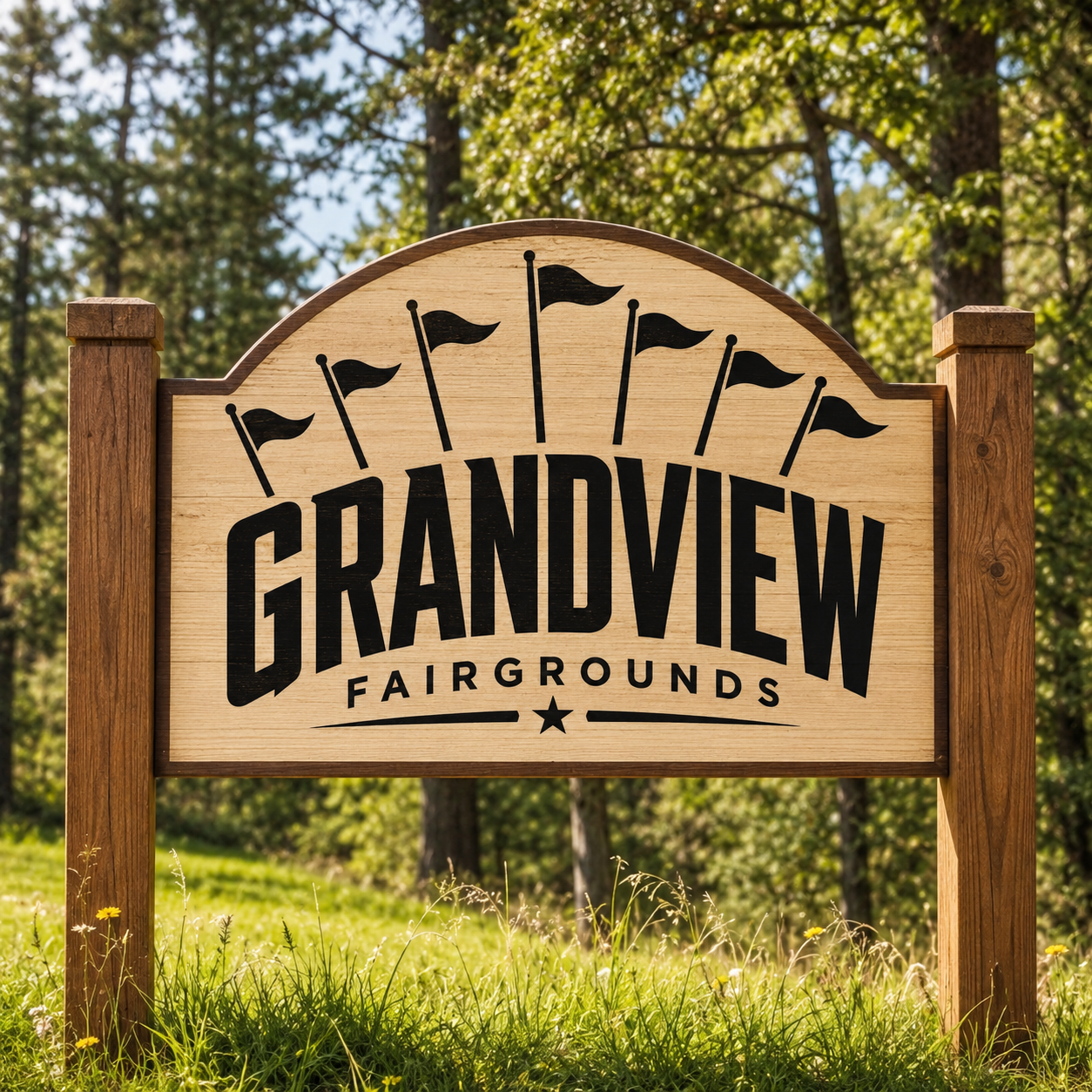 Sign for Grandview Fairgrounds with black flags and trees in the background.