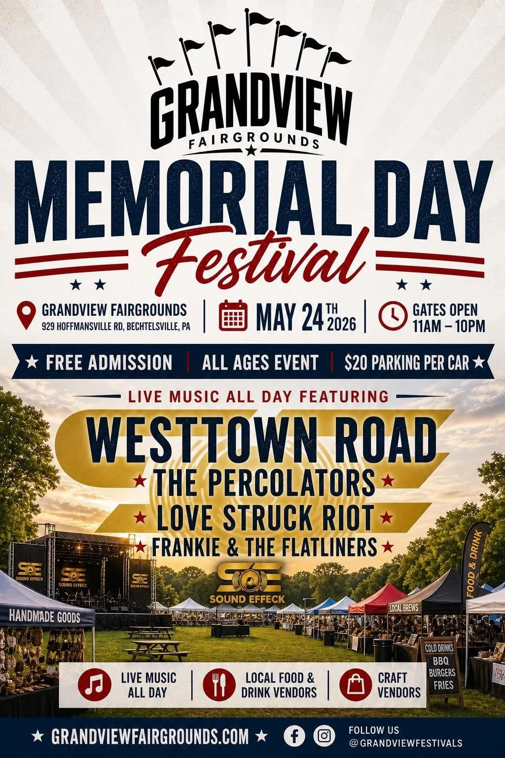 Poster for the Grandview Memorial Day Festival at Grandview Fairgrounds on May 24, 2026, featuring live music by Westtown Road, The Percolators, Love Struck Riot, Frankie & The Flatliners, food and craft vendors, and activities for all ages.