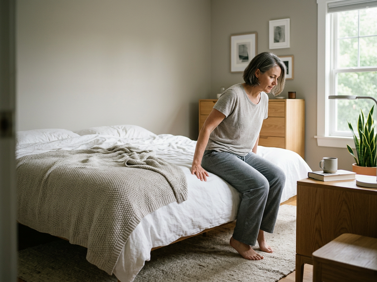 An image showing a woman standing up from the edge of her bed in a typical bedroom within a home environment.