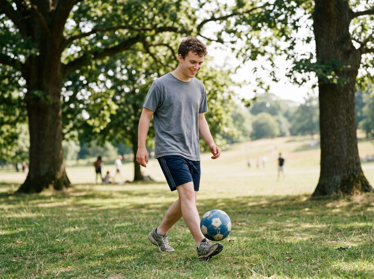 Young man kicking a football in a park, looking happy and enjoying the exercise.