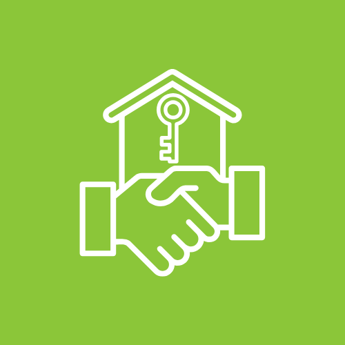 Handshake between two people in front of a house with a key, representing real estate agreement or home purchase.