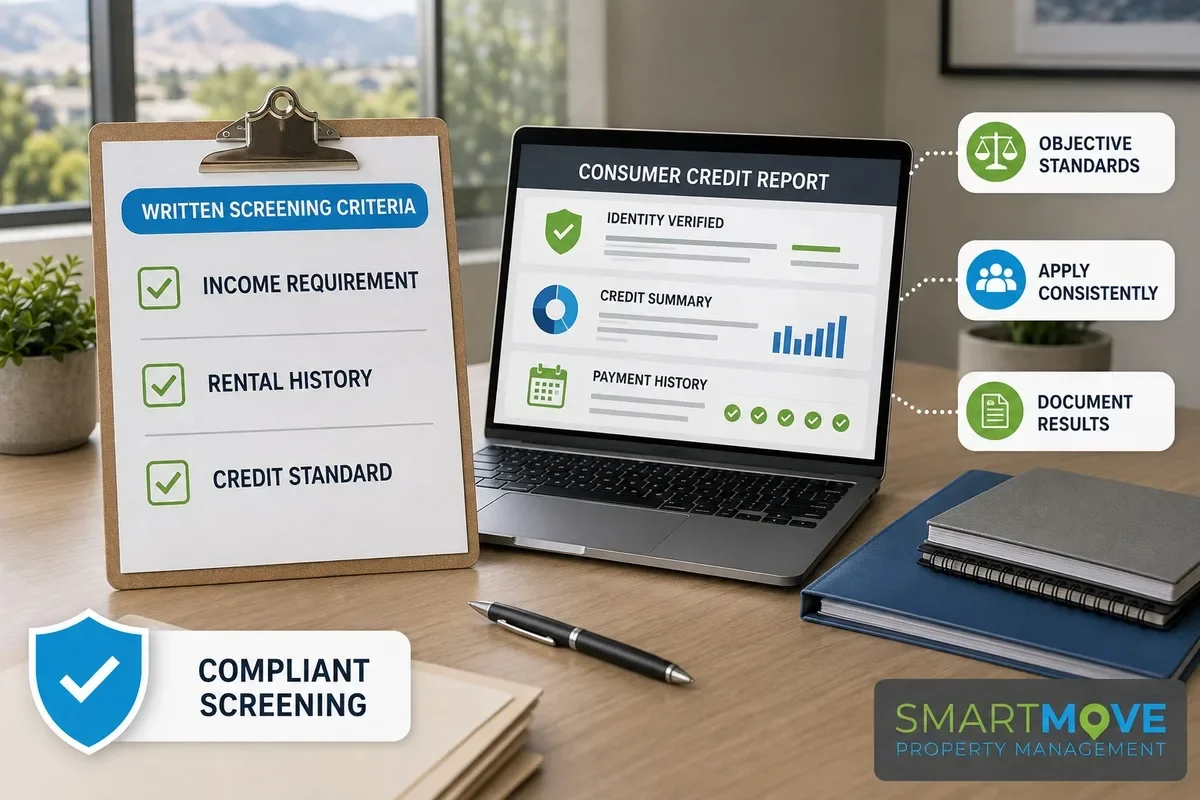 Tenant screening criteria and consumer credit report showing income, rental history, credit standards, identity verification, and compliant screening practices.