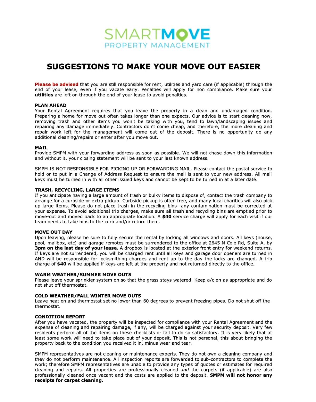 Move out instructions for smart move property management residents.