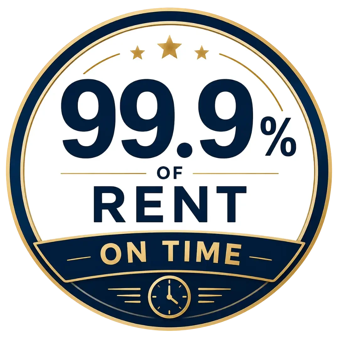 A badge with a navy and gold border displaying '99.9% of rent on time' with a clock icon at the bottom.