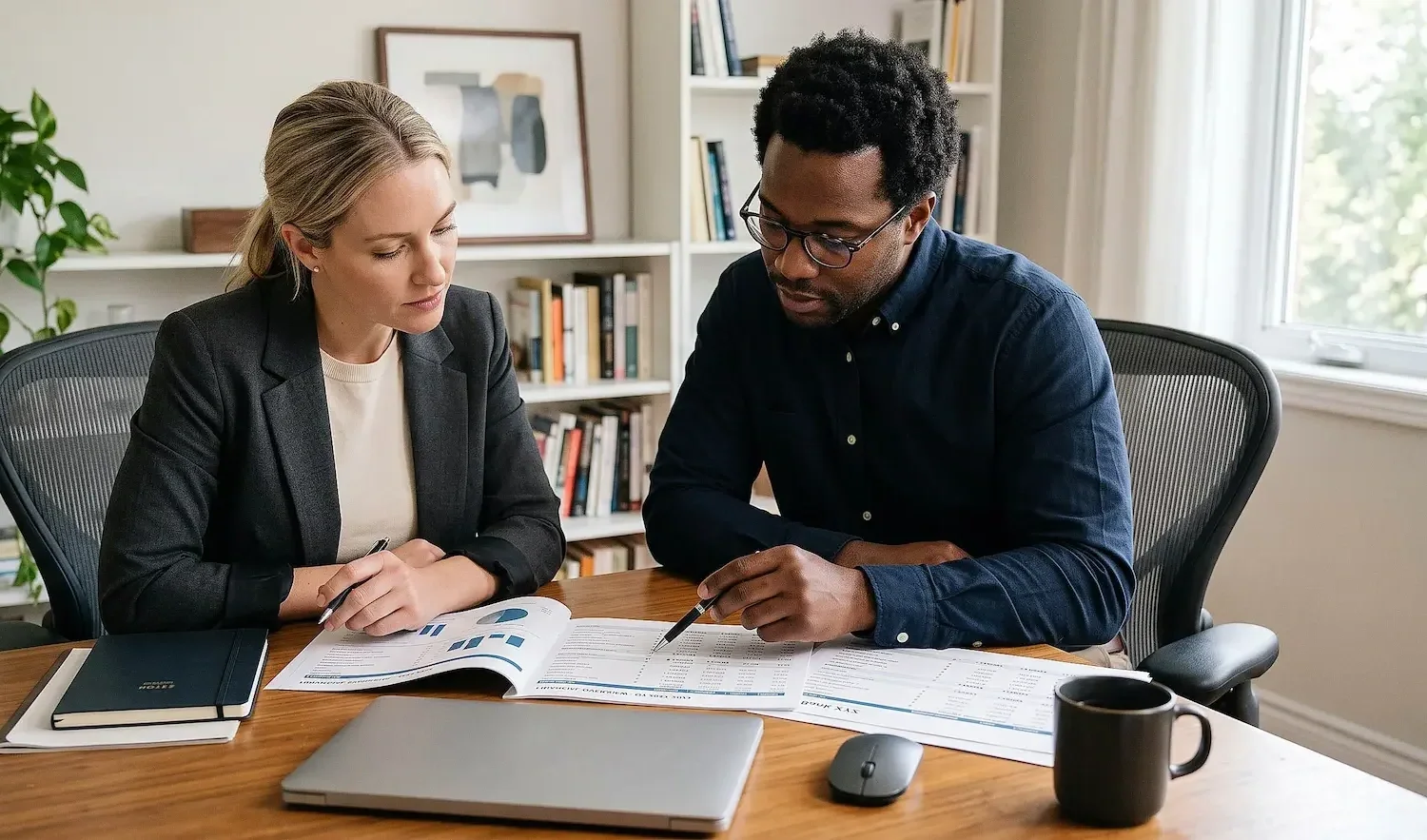 Two professionals, a woman and a man, sitting at a wooden table in an office, reviewing financial documents together. The woman has blonde hair, is wearing a black blazer, and is holding a pen, while the man has curly hair, glasses, and is in a dark shirt. There are notebooks, a laptop, a coffee mug, and a computer mouse on the table. Background includes a bookshelf, framed artwork, and a window with natural light.