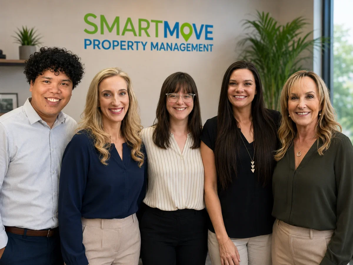 Group of five diverse professionals smiling in an office, standing in front of a wall sign that reads 'SmartMove Property Management' with a green and blue color scheme, and a plant and window in the background.