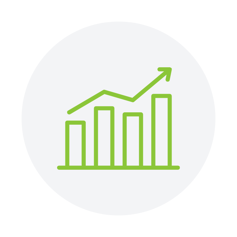 Green upward trending bar graph with a line chart and arrow in a white circle.
