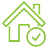 Green house icon with a checkmark in a circle
