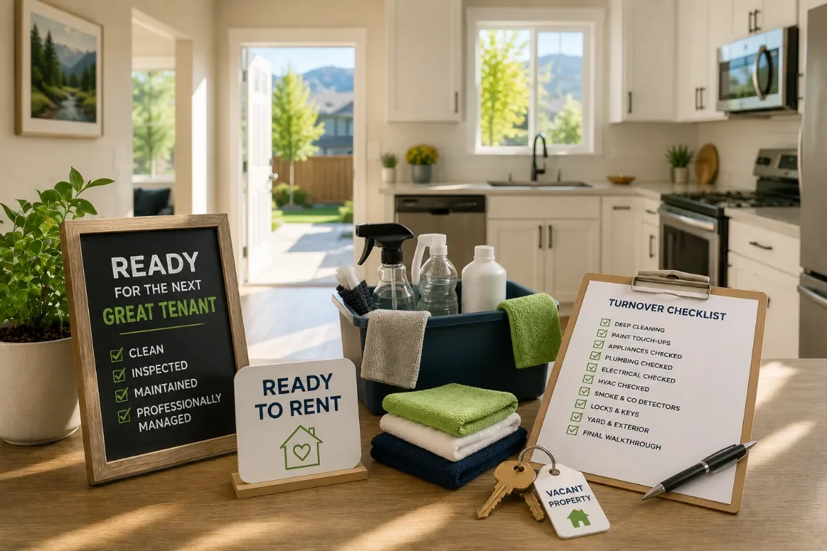 Vacant rental property preparation: turnover checklist, cleaning supplies, 'Ready to Rent' sign, and keys on a kitchen table.