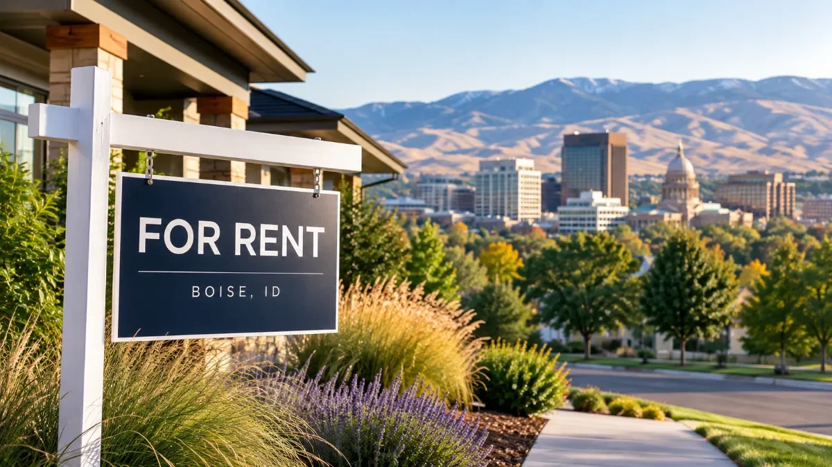 For Rent sign, Boise, ID, in front of a house, with the city skyline, state capitol, and distant mountains.
