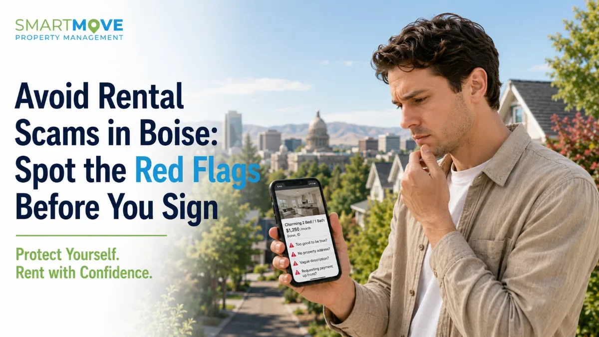 Man thoughtfully reviewing potential rental scam red flags on a smartphone in front of Boise's city skyline.