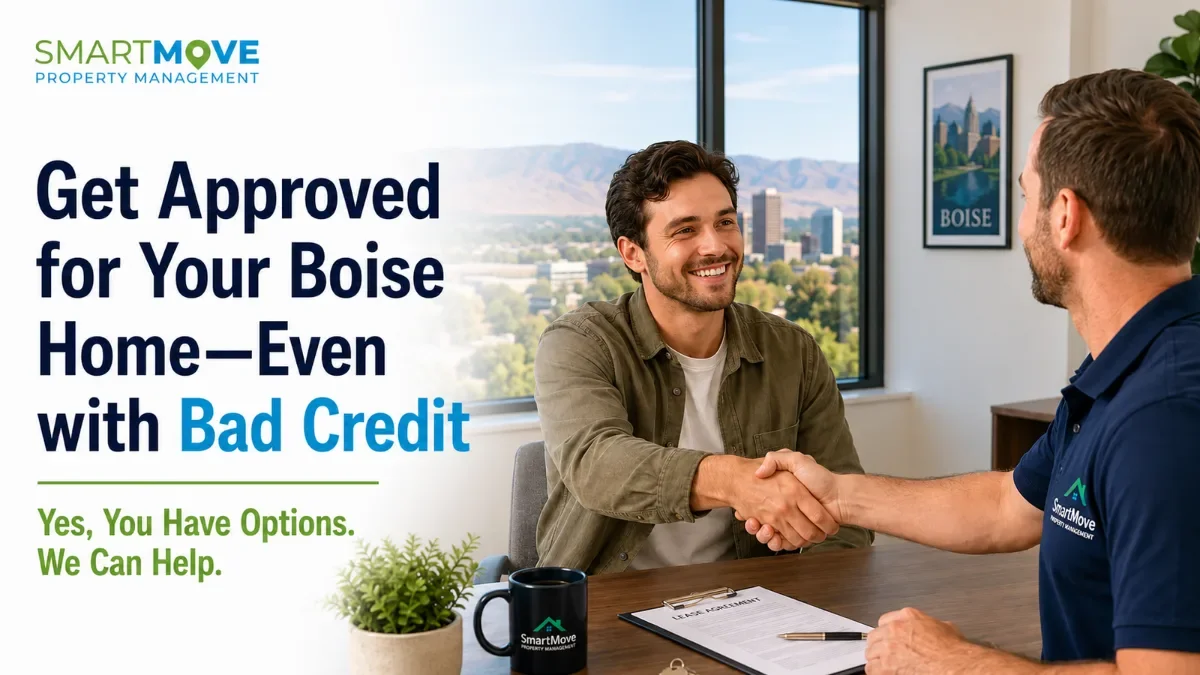 Smiling man shakes hands with SmartMove Property Management agent in a Boise office. Overlay: 'Get Approved for Your Boise Home—Even with Bad Credit'.
