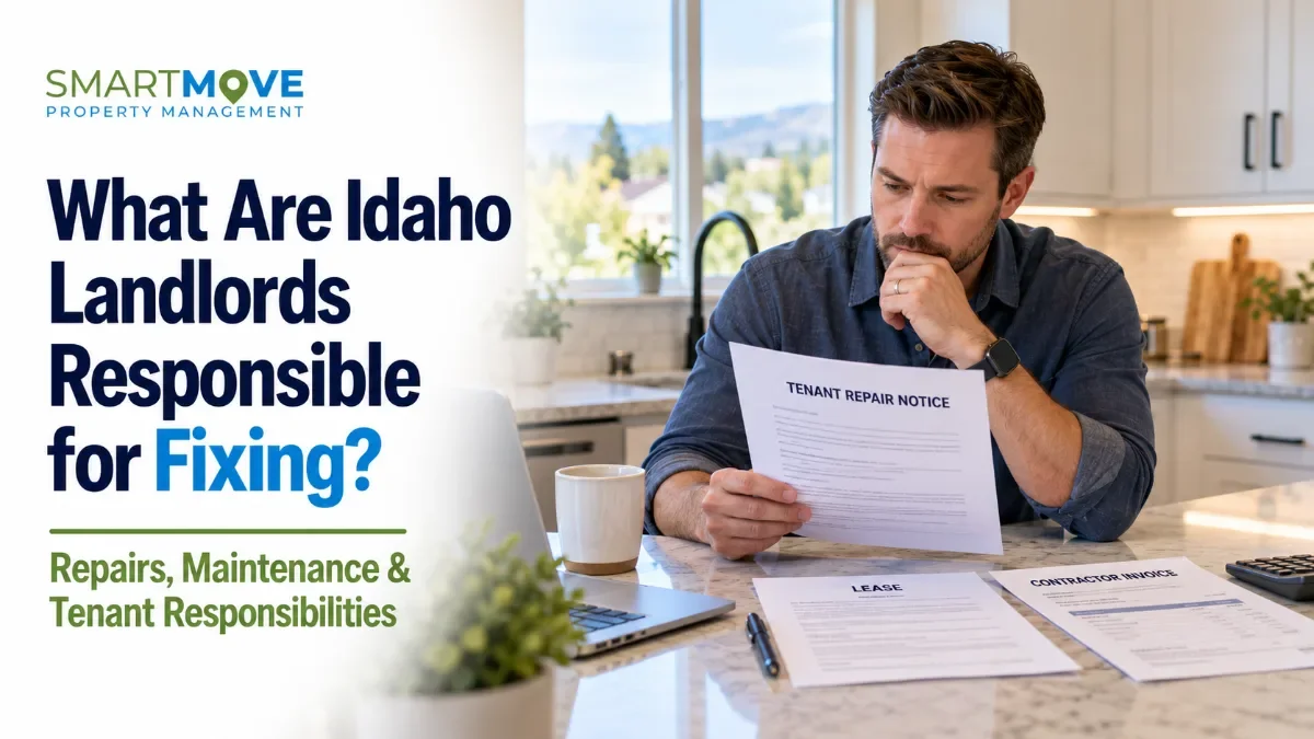 Man thoughtfully reviews a tenant repair notice, lease, and contractor invoice in a modern kitchen setting.