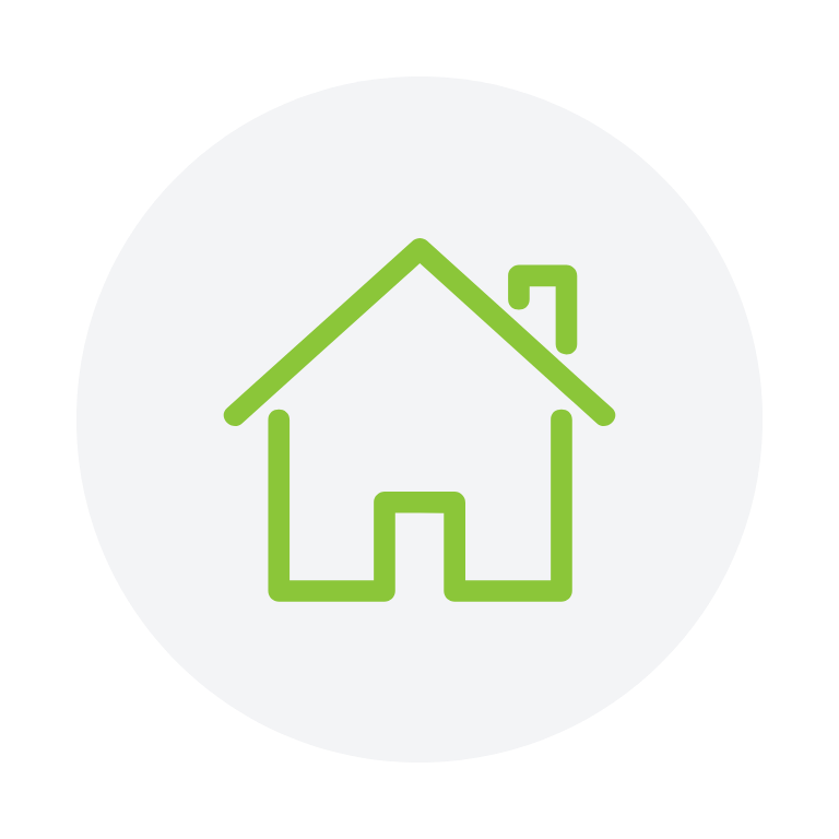 Green outline of a house with a chimney, inside a white circle on a black background.