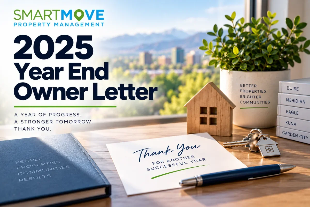SmartMove Property Management's 2025 Year End Owner Letter featuring a desk with property symbols and city service areas.