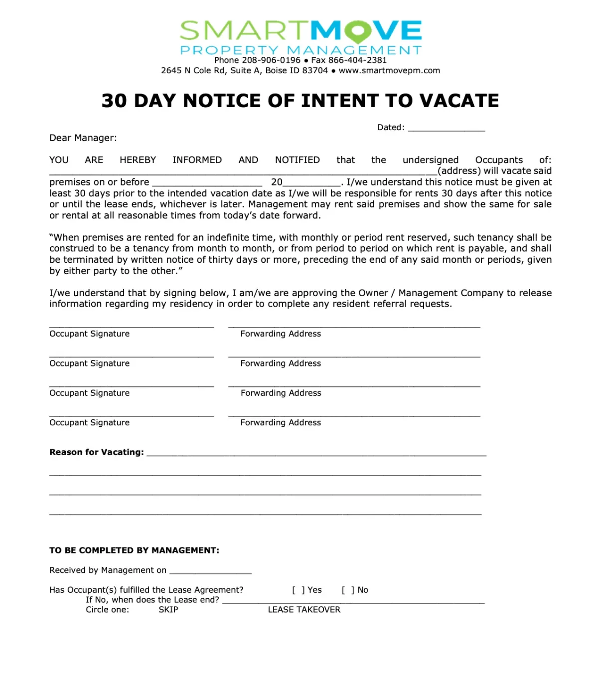 30 day notice of intent to vacate letter.