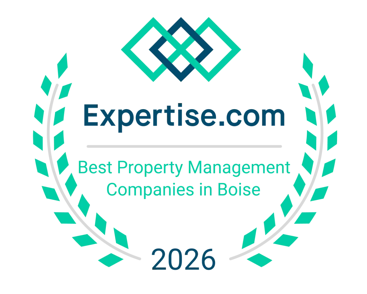 Expertise.com Best Property Management Companies in Boise 2026 award badge with teal wreath and geometric logo.