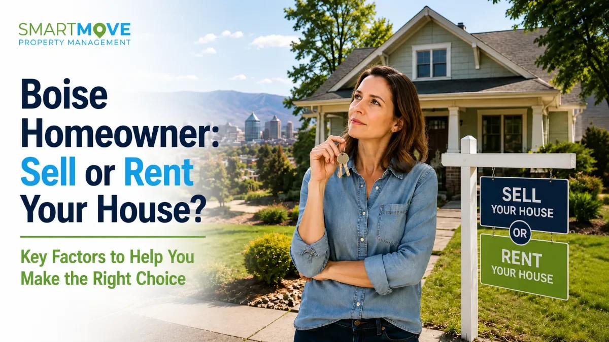Thoughtful woman holding keys, contemplating selling or renting her Boise home, with house, city skyline, and property sign.