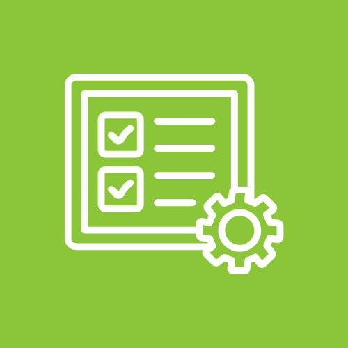 Checklist or survey form with check marks and a gear icon, symbolizing settings or options.