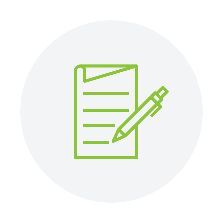 Line drawing of a receipt or document with a pen, in green, inside a white circle with a black border.