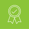 Green background with white checkmark badge or ribbon icon