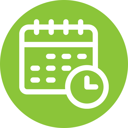 Green circle icon with a white calendar and clock, indicating schedule or appointment.