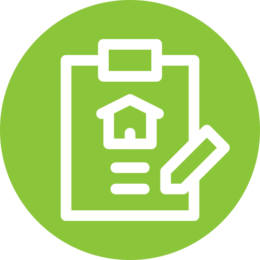Icon of a clipboard with a house symbol, a pencil, and lines.