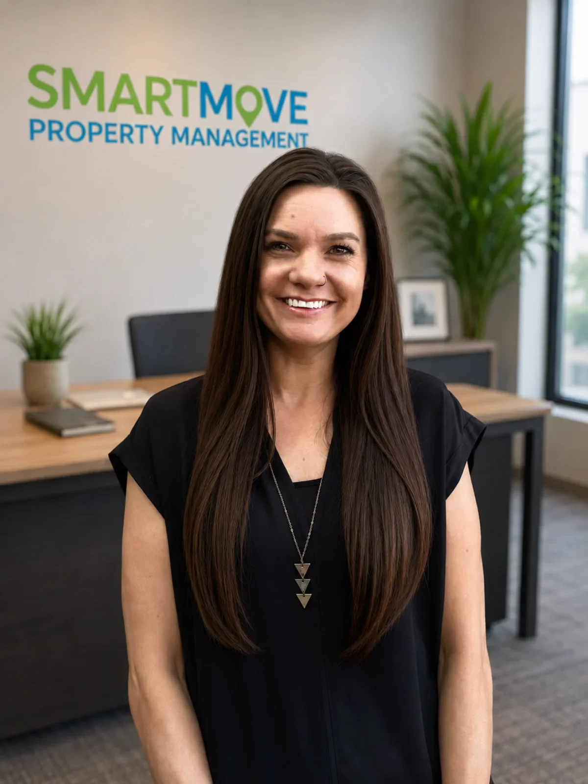 A woman with long brown hair and a black top smiling in an office with a sign that reads 'SMARTMOVE PROPERTY MANAGEMENT' behind her.