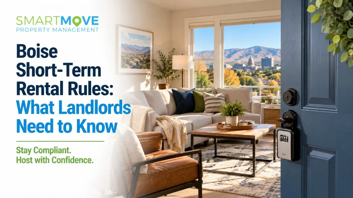 Open blue door reveals a modern living room overlooking Boise's cityscape and mountains. Key lockbox on door. Text: Boise Short-Term Rental Rules.