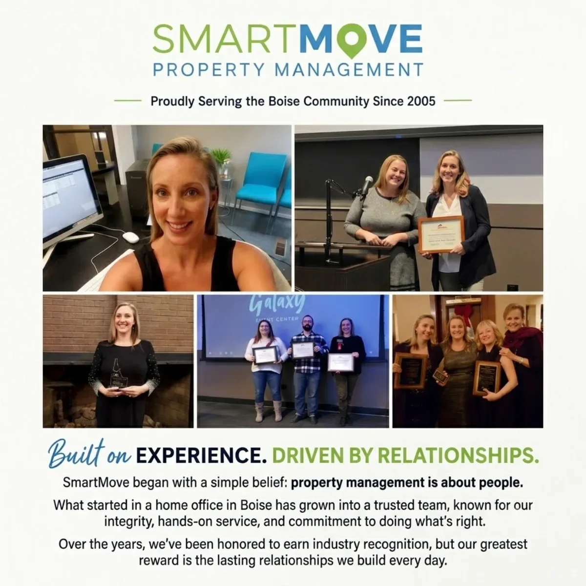 SmartMove Property Management logo above a collage of six photos showing their team receiving awards and engaging in professional activities, emphasizing their experience and community focus in Boise since 2005.