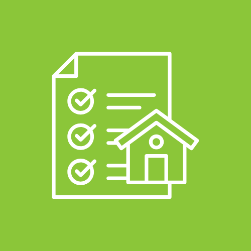 Checklist paper with house icon on a green background.