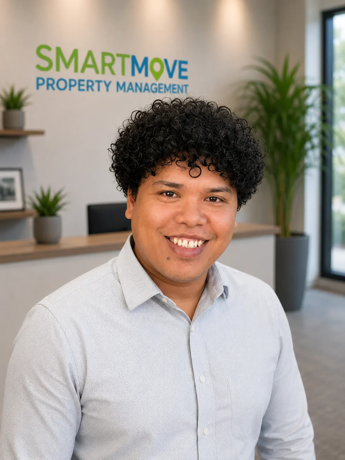 A smiling man with curly black hair wearing a light gray dress shirt, standing in an office with a sign that reads "Smart Move Property Management" on the wall behind him, along with plants and office decor.