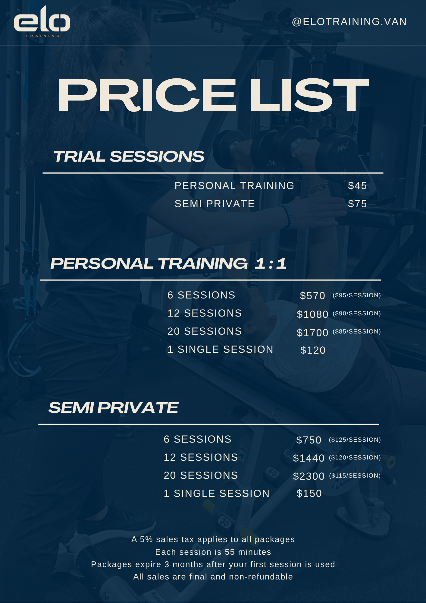 Price list for personal training and semi-private training sessions at a fitness center. The flyer includes details on session prices, package deals, and additional information about taxes and session duration.