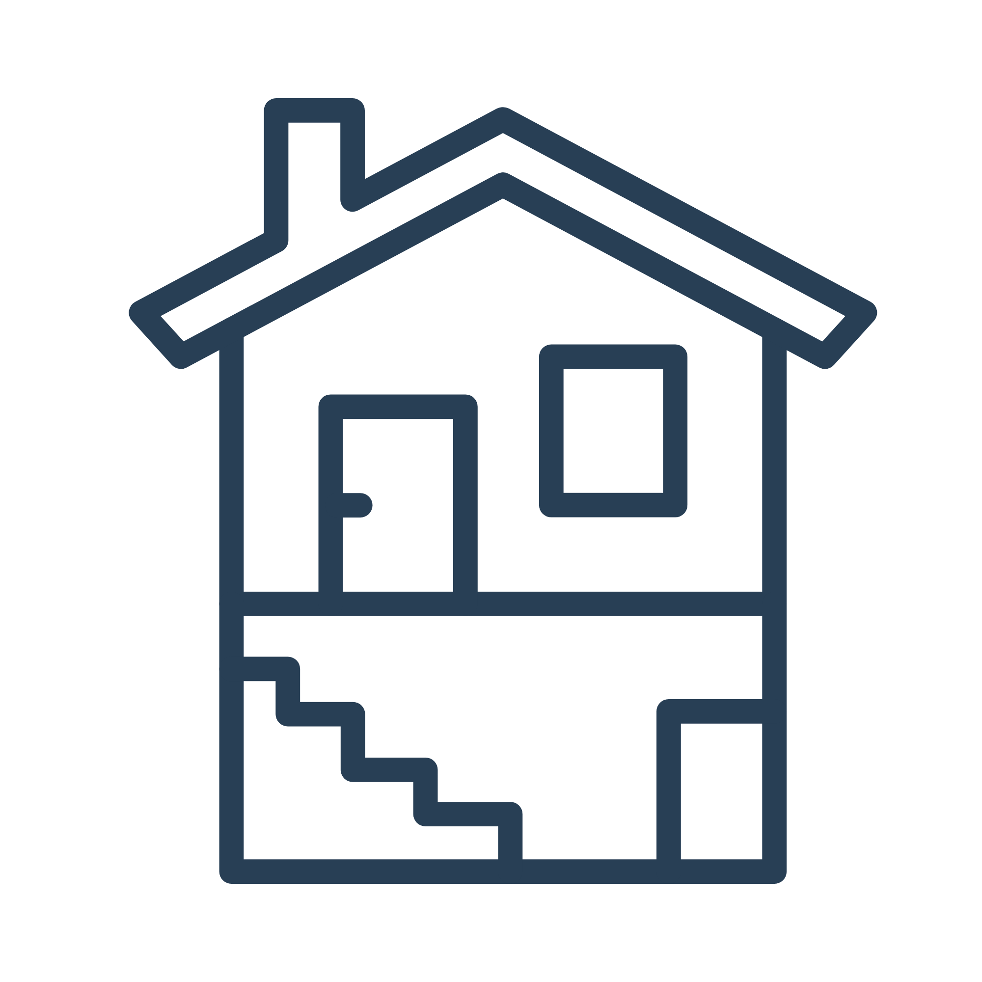 Line drawing of a house with trees and a chimney.